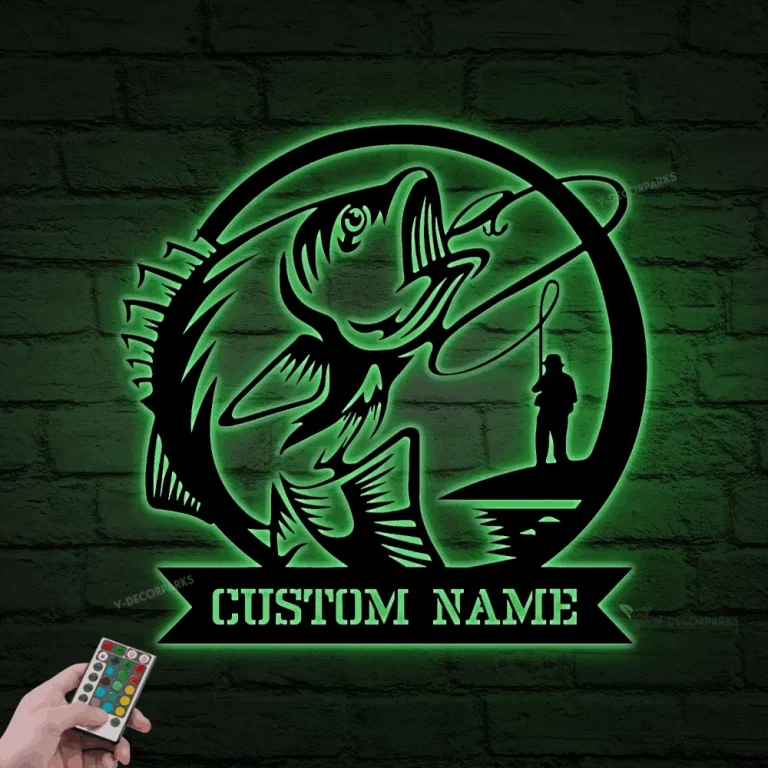 Personalized Fisherman Catching Fish Metal Sign Led Lights, Fisher Custom Name Metal Wall Art, Father Day Gift, Fishing Monogram, Gift For Dad