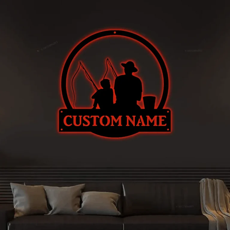 Personalized Fishing Father And Son Monogram Metal Sign Art With Led Lights, Custom Fishing Father & Son Metal Sign, Fishing Gifts