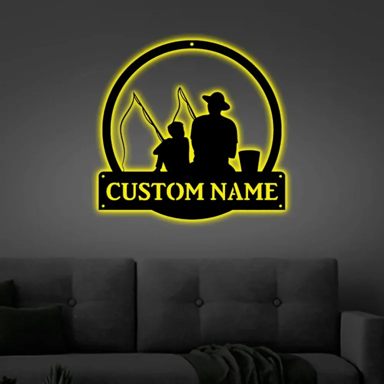 Personalized Fishing Father And Son Monogram Metal Sign Art With Led Lights, Custom Fishing Father & Son Metal Sign, Fishing Gifts