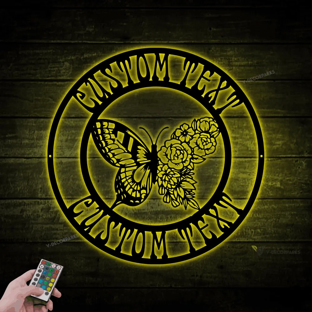 Personalized Floral Butterfly Metal Sign With Led Lights, Custom Wall Art For Garden Decor, Gardener Gift, Mothers Day Gift, New Home Gift