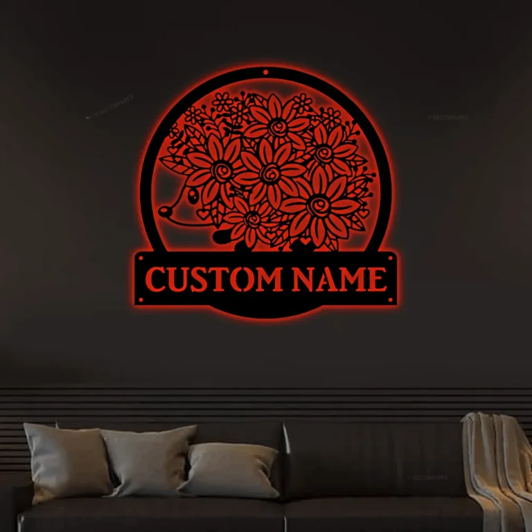 Personalized Floral Hedgehog Monogram Metal Sign Art With Led Lights, Custom Floral Hedgehog Metal Sign, Hedgehog Sign Decoration For Living Room