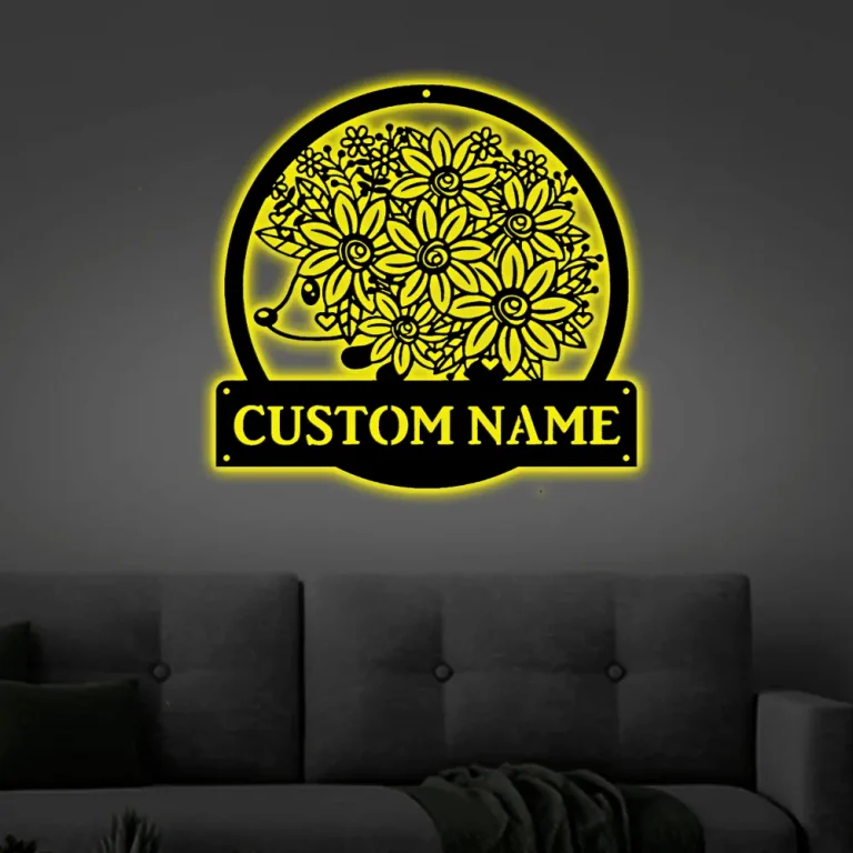 Personalized Floral Hedgehog Monogram Metal Sign Art With Led Lights, Custom Floral Hedgehog Metal Sign, Hedgehog Sign Decoration For Living Room