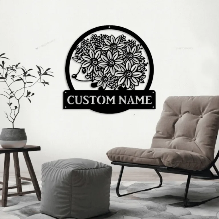Personalized Floral Hedgehog Monogram Metal Sign Art With Led Lights, Custom Floral Hedgehog Metal Sign, Hedgehog Sign Decoration For Living Room