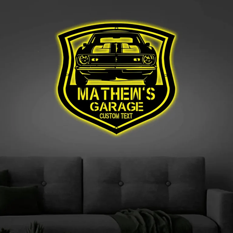 Personalized Garage Classic Car Metal Led Lights Sign, Front Car Garage Wall Art Mechanic Car Name Home Decor Gift For Dad