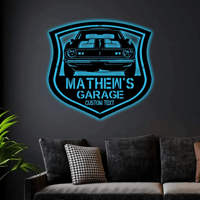 Personalized Garage Classic Car Metal Led Lights Sign, Front Car Garage Wall Art Mechanic Car Name Home Decor Gift For Dad