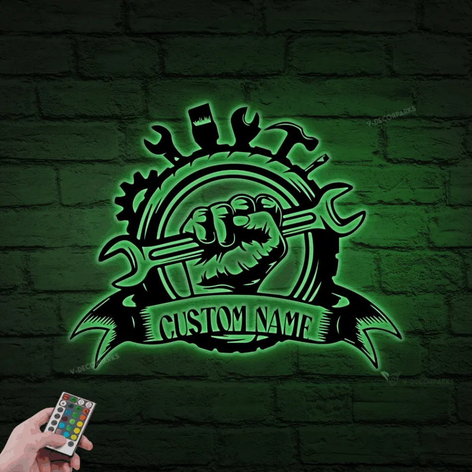 Personalized Garage Sign, Garage Metal Wall Art With Led Lights, Repair Tools, Mechanic Gift, Fathers Day Gift, Gift For Dad, Garage Decor