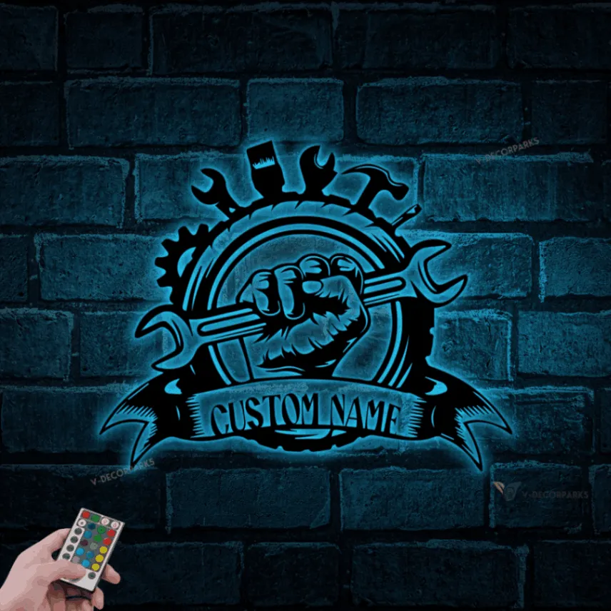 Personalized Garage Sign, Garage Metal Wall Art With Led Lights, Repair Tools, Mechanic Gift, Fathers Day Gift, Gift For Dad, Garage Decor