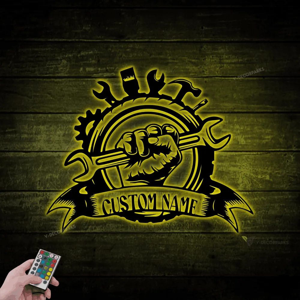 Personalized Garage Sign, Garage Metal Wall Art With Led Lights, Repair Tools, Mechanic Gift, Fathers Day Gift, Gift For Dad, Garage Decor