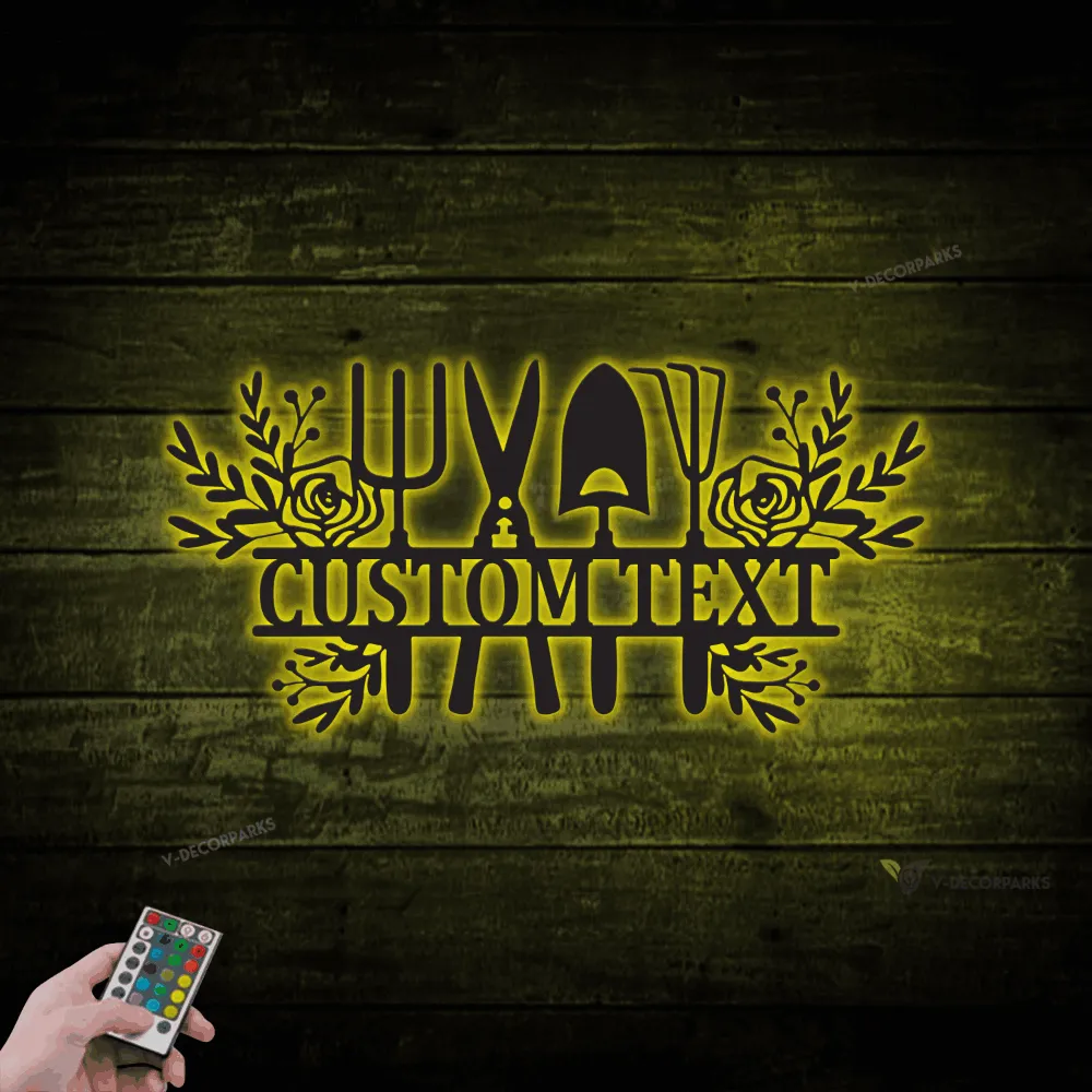 Personalized Gardening Tools Metal Sign With Led Lights, Custom Sign For Garden Decor, Gardener Gift, Mothers Day Gift For Mom, New Home Gift