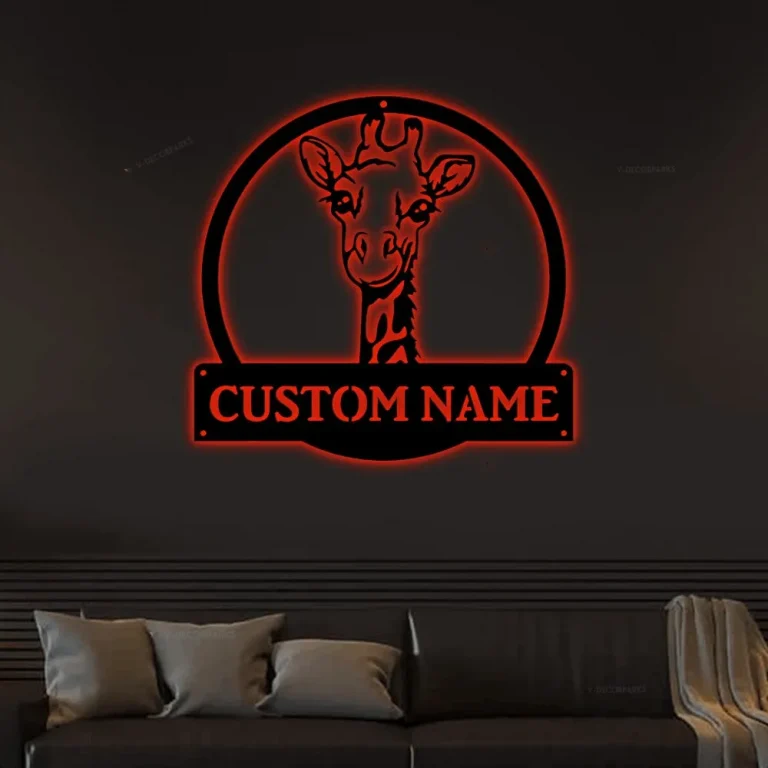 Personalized Giraffe Monogram Metal Sign Art With Led Lights, Custom Giraffe Monogram Metal Sign, Birthday Gift Animal Funny, Father's Day Gift