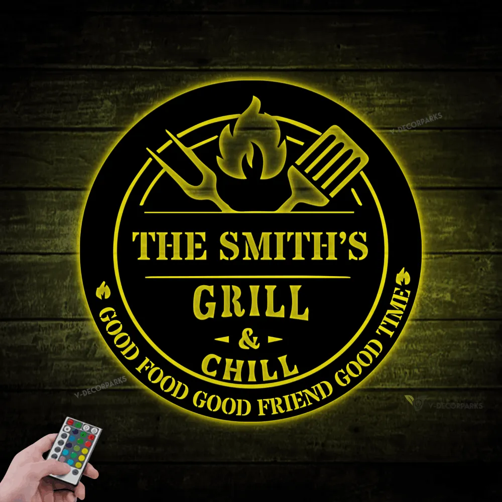 Personalized Grill & Chill Metal Sign With Led Lights, Custom Smoker And Grill Wall Art, Outdoor Kitchen Sign, Backyard Decor, New Home Gift