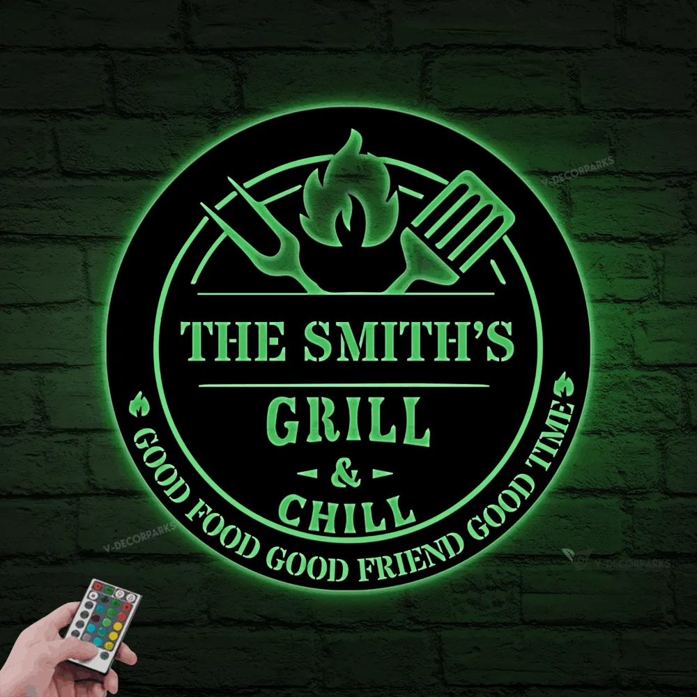 Personalized Grill & Chill Metal Sign With Led Lights, Custom Smoker And Grill Wall Art, Outdoor Kitchen Sign, Backyard Decor, New Home Gift