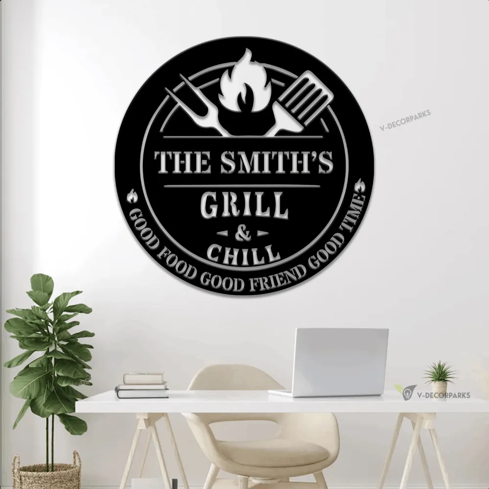 Personalized Grill & Chill Metal Sign With Led Lights, Custom Smoker And Grill Wall Art, Outdoor Kitchen Sign, Backyard Decor, New Home Gift