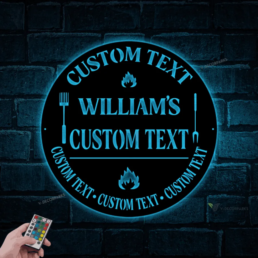 Personalized Grill & Chill Metal Sign With Led Lights, Outdoor Signs For Grill Areas, Outdoor Kitchen Sign, Backyard Bar Decor, Barbeque Sign