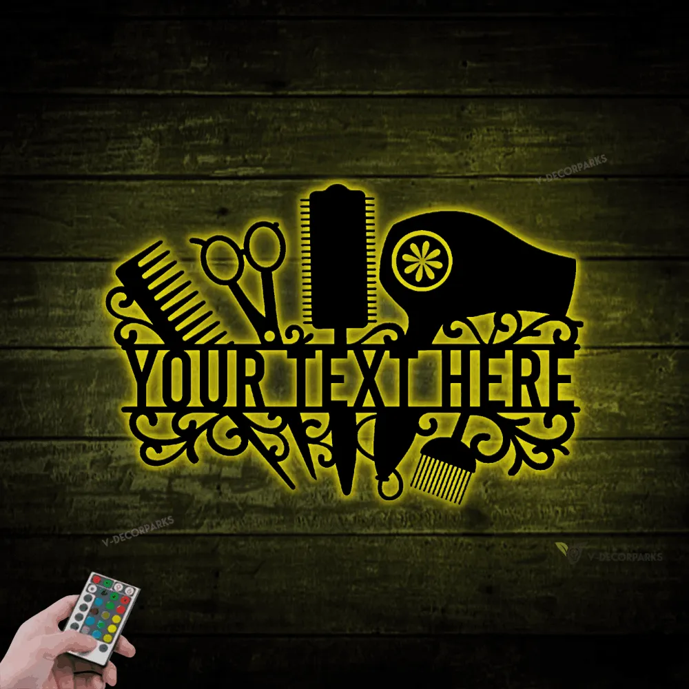 Personalized Hair Stylist Salon Metal Sign Led Lights, Gift For Hairdresser, Barber Gift, Blow Dryer, Hair Stylist Gift, Salon Wall Art Decor