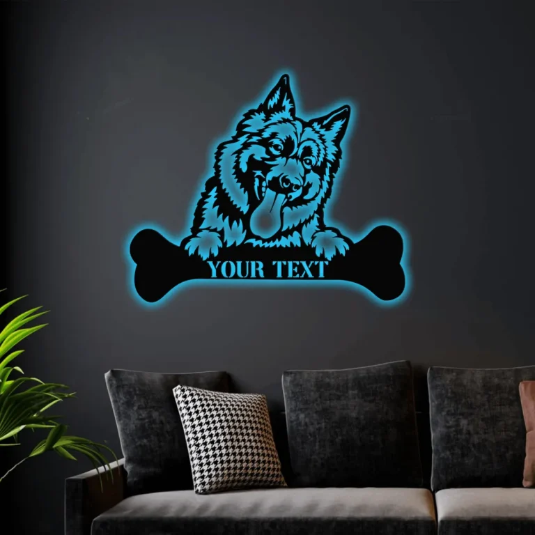 Personalized Happy German Shepherd With Bone Metal Sign With Led Lights, Custom German Shepherd Wall Art Gift, German Shepherd Wall Decor