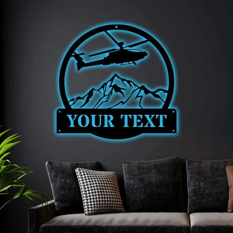 Personalized Helicopter Machine Monogram Metal Sign Art With Led Lights, Custom Helicopter Metal Sign, Helicopter Sign Decoration For Living Room