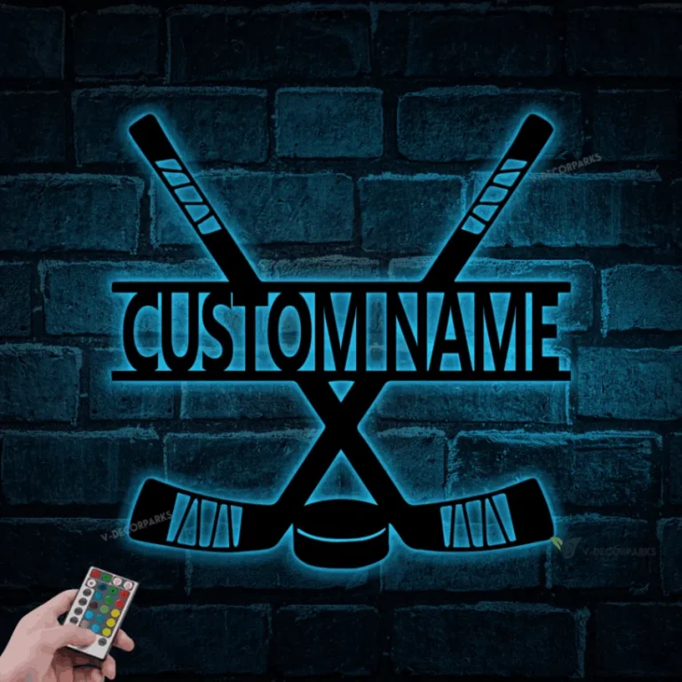 Personalized Hockey Sticks Metal Sign With Led Lights, Kids Room Decor, Gift For Hockey Player, Gifts For Hockey Lover, Hockey Stick Decor