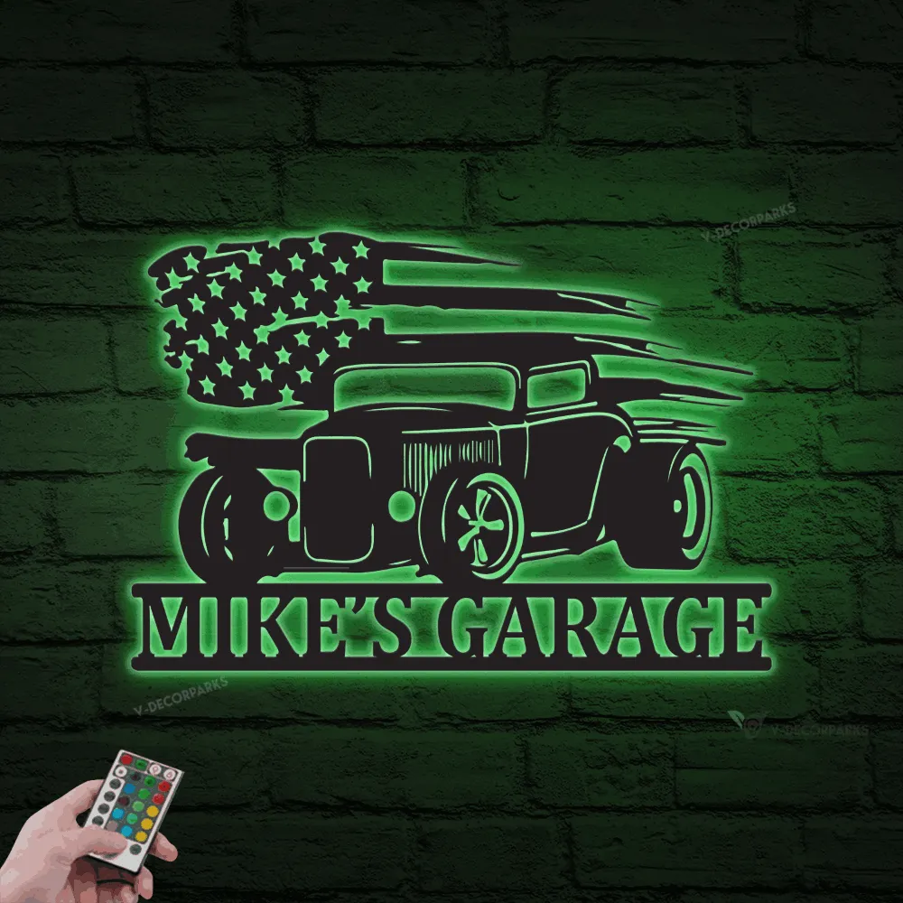 Personalized Hot Rod Metal Sign With Led Lights, Garage Decor, Gift For Father, Hot Rod, Wall Hanging, American Flag Sign, Retro Hot Rod Decor