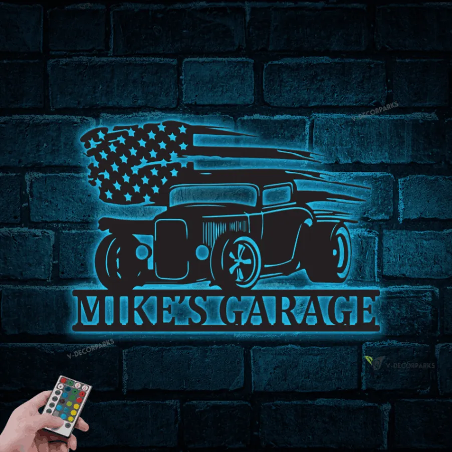 Personalized Hot Rod Metal Sign With Led Lights, Garage Decor, Gift For Father, Hot Rod, Wall Hanging, American Flag Sign, Retro Hot Rod Decor