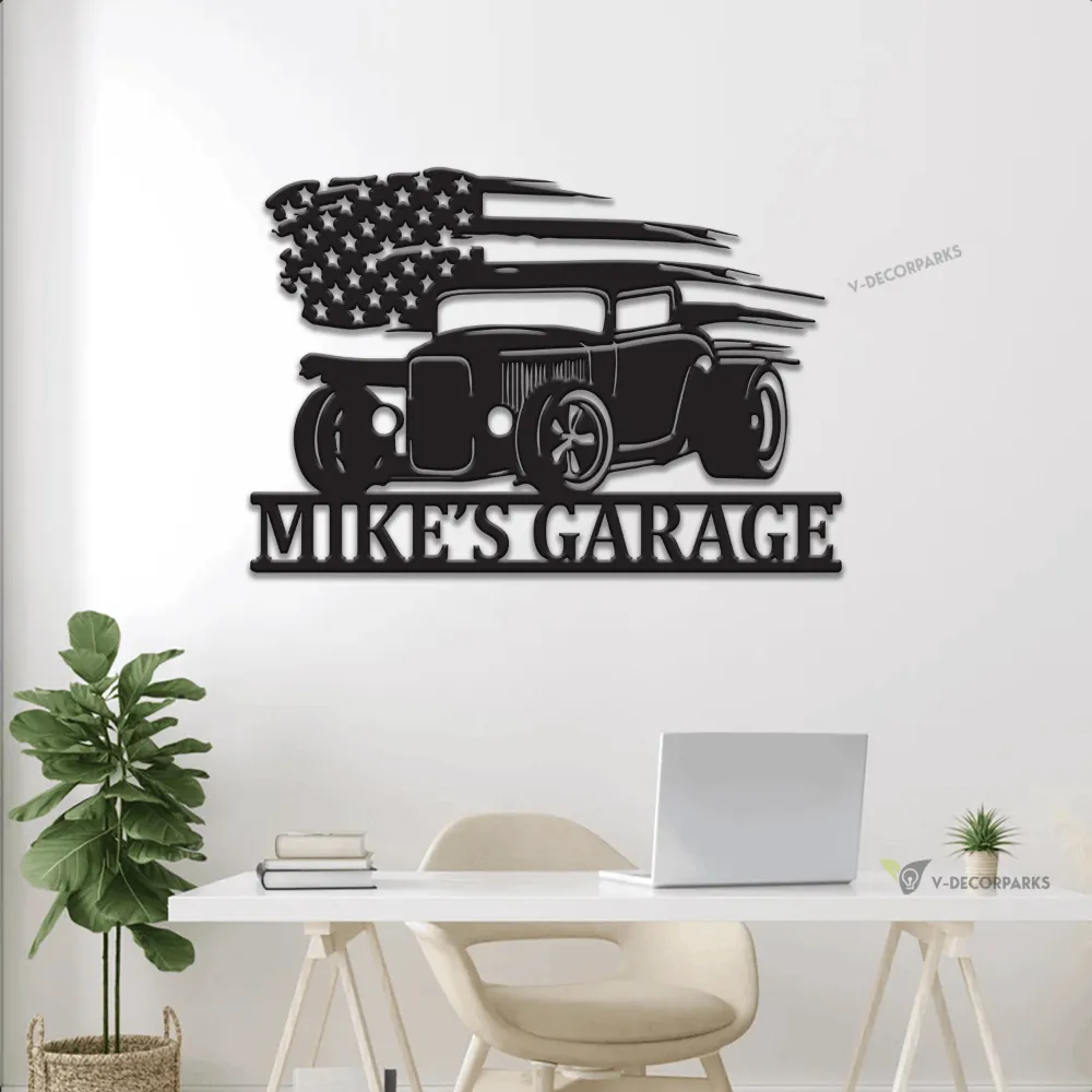 Personalized Hot Rod Metal Sign With Led Lights, Garage Decor, Gift For Father, Hot Rod, Wall Hanging, American Flag Sign, Retro Hot Rod Decor