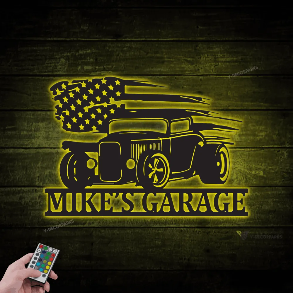 Personalized Hot Rod Metal Sign With Led Lights, Garage Decor, Gift For Father, Hot Rod, Wall Hanging, American Flag Sign, Retro Hot Rod Decor