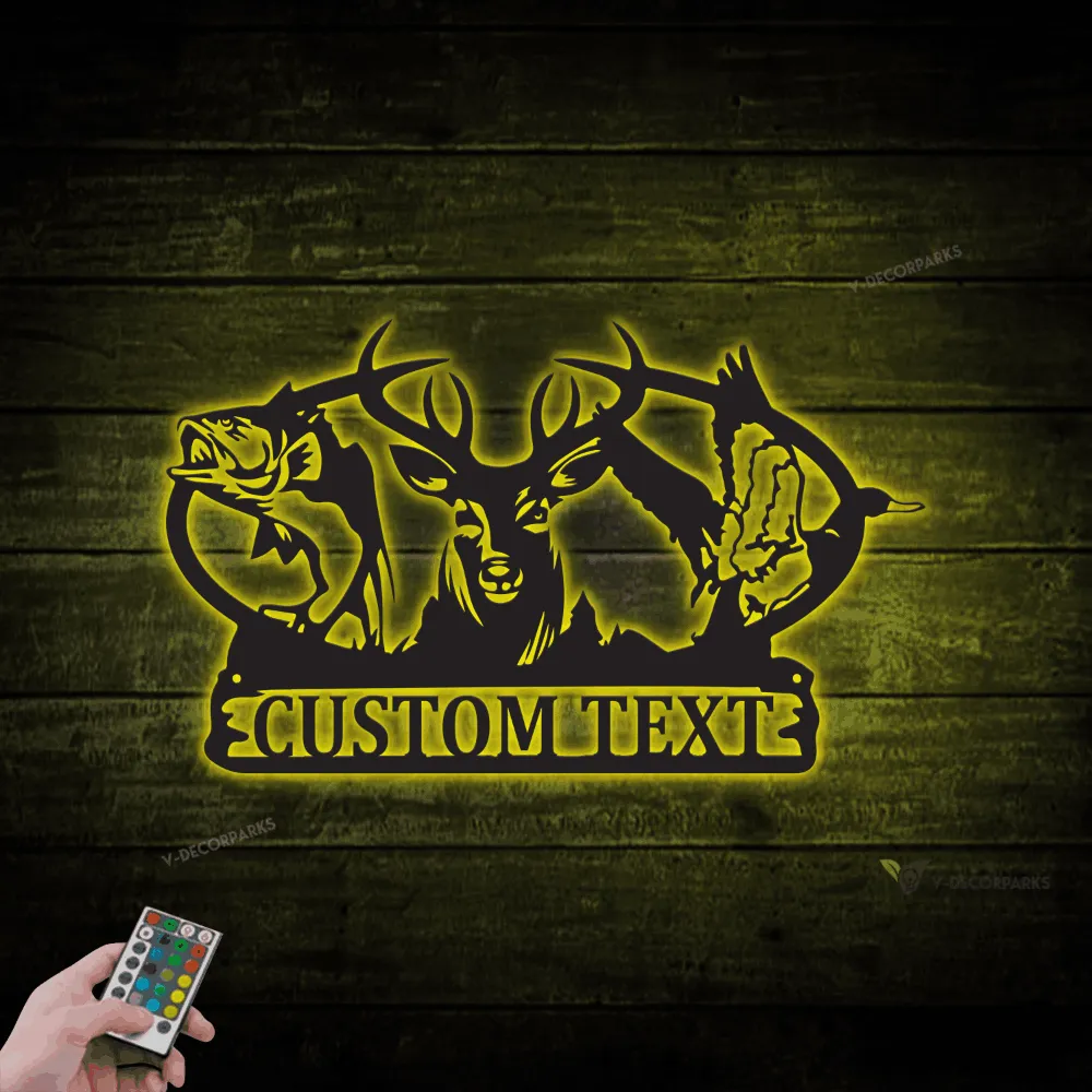 Personalized Hunter Metal Wall With Led Lights, Custom Deer Duck Fish Sign, Animal Wildlife Scene Metal Wall Art, Wilderness Decor, Gift For Hunter