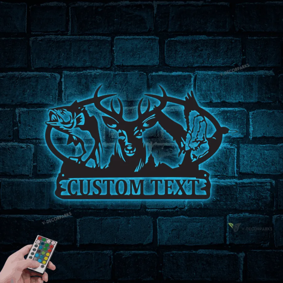 Personalized Hunter Metal Wall With Led Lights, Custom Deer Duck Fish Sign, Animal Wildlife Scene Metal Wall Art, Wilderness Decor, Gift For Hunter