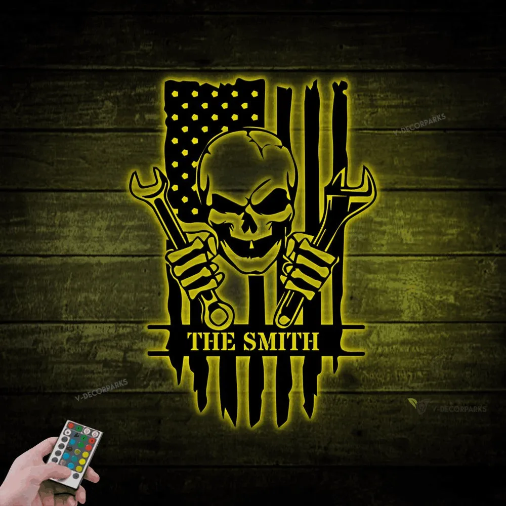 Personalized Mechanic Skull Metal Sign With Led Lights, Custom Mechanic Wall Art For Decor, Father's Day Gift, Birthday Gift, Gift For Him