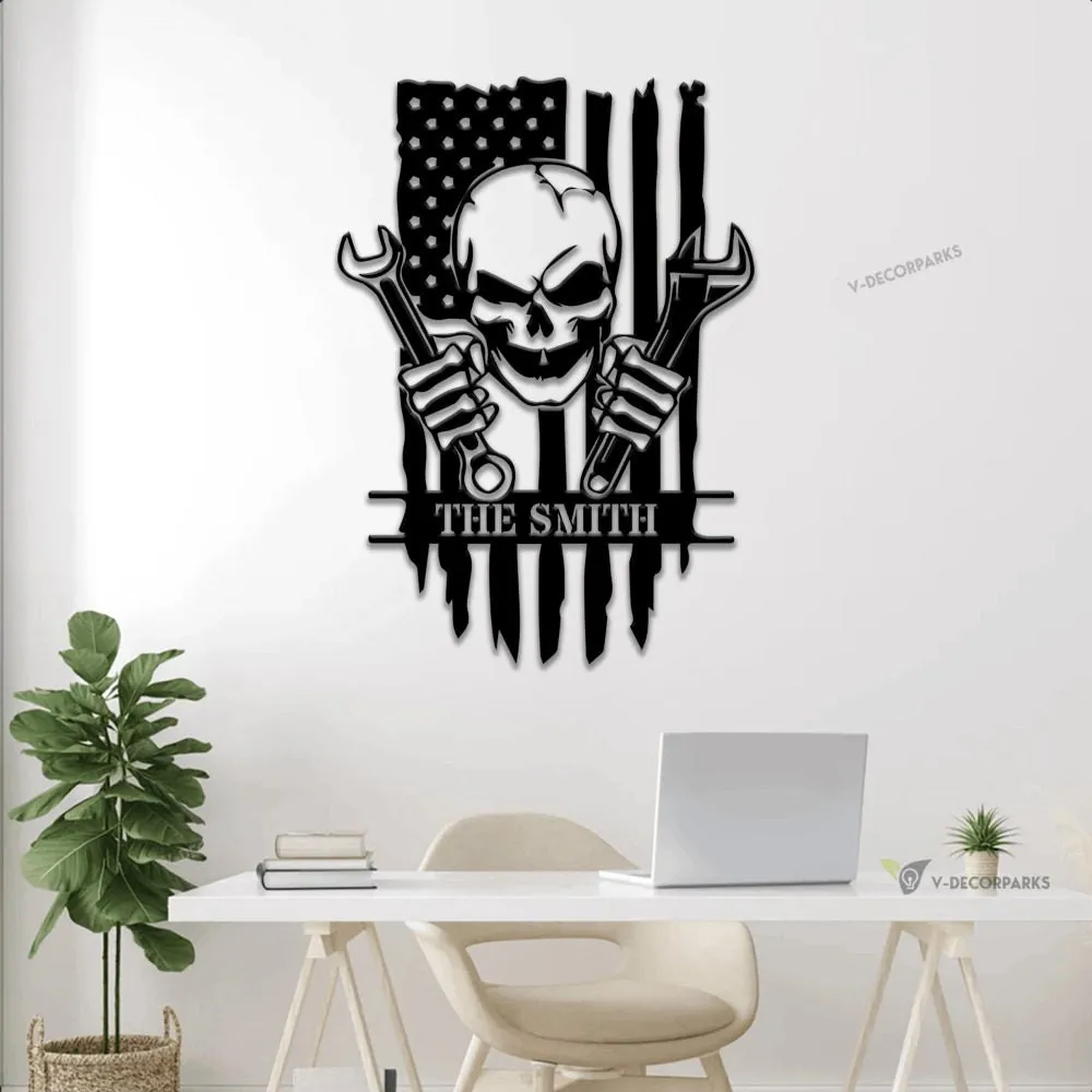 Personalized Mechanic Skull Metal Sign With Led Lights, Custom Mechanic Wall Art For Decor, Father's Day Gift, Birthday Gift, Gift For Him