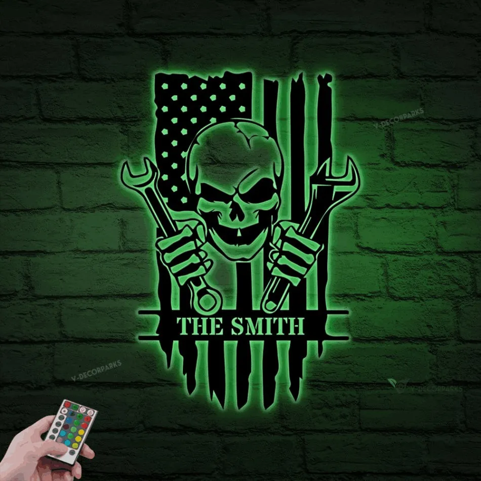 Personalized Mechanic Skull Metal Sign With Led Lights, Custom Mechanic Wall Art For Decor, Father's Day Gift, Birthday Gift, Gift For Him