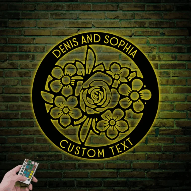 Personalized Metal Flower Sign With Led Lights, Custom Flower Metal Wall Art Custom Family Established Sign Housewarming Gift Wedding Welcome Gift