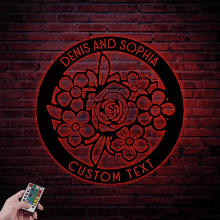 Personalized Metal Flower Sign With Led Lights, Custom Flower Metal Wall Art Custom Family Established Sign Housewarming Gift Wedding Welcome Gift
