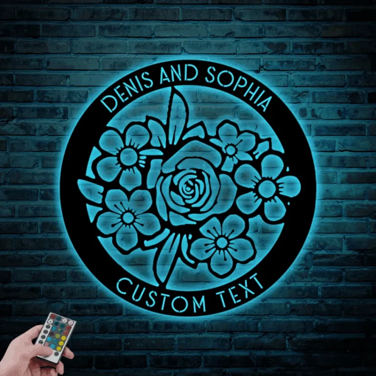 Personalized Metal Flower Sign With Led Lights, Custom Flower Metal Wall Art Custom Family Established Sign Housewarming Gift Wedding Welcome Gift