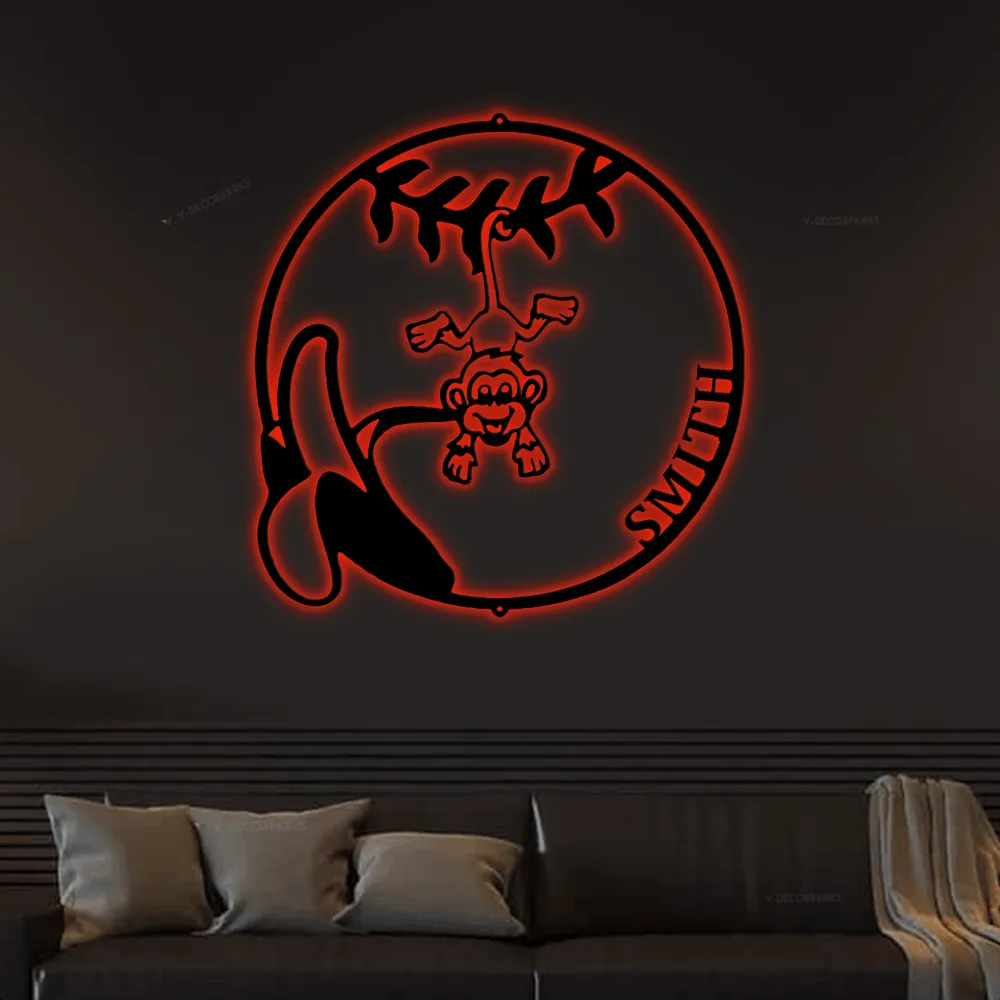 Personalized Monkey Led Lights Monogram Steel Sign, Our Little Monkey Monogram Wall Sign Door Hanger Kids Room Decor Nursery Decor
