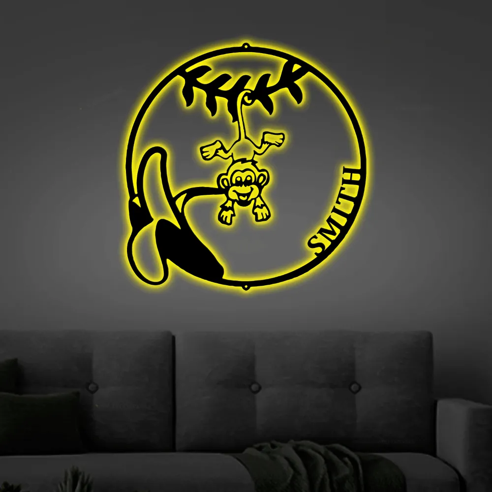 Personalized Monkey Led Lights Monogram Steel Sign, Our Little Monkey Monogram Wall Sign Door Hanger Kids Room Decor Nursery Decor