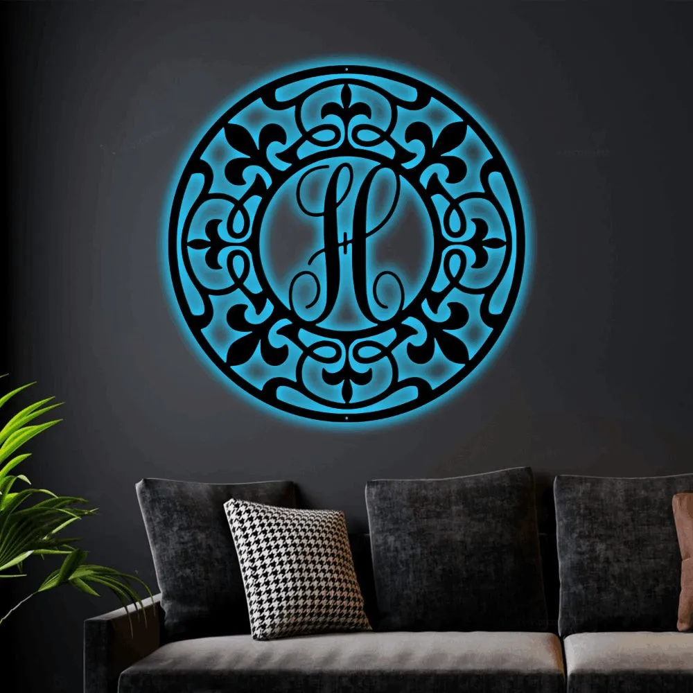 Personalized Monogram With Led Lights, Fleur De Lis Monogram, Circle Monogram, Fleur De Lis Art, New Orleans Decor, Metal Wall Art, Housewarming Gift