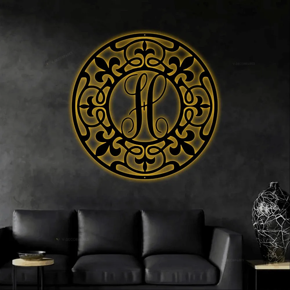Personalized Monogram With Led Lights, Fleur De Lis Monogram, Circle Monogram, Fleur De Lis Art, New Orleans Decor, Metal Wall Art, Housewarming Gift