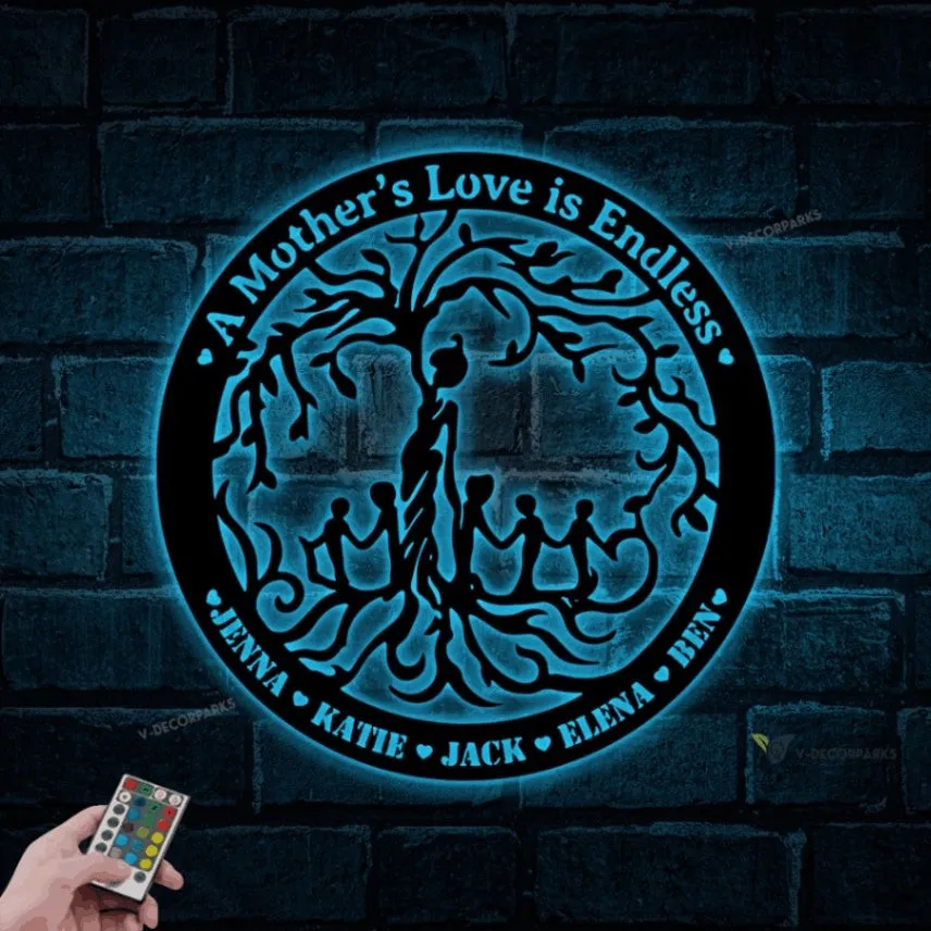 Personalized Mother & Children Metal Wall Art With Led Lights, Mother's Love Is Endless Sign For Decor, Mother's Day, Birthday Gift For Mom