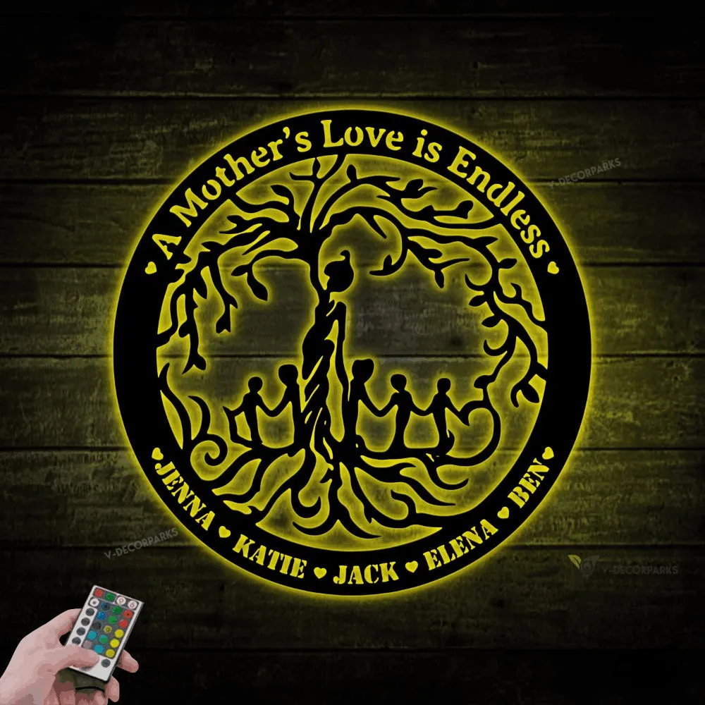 Personalized Mother & Children Metal Wall Art With Led Lights, Mother's Love Is Endless Sign For Decor, Mother's Day, Birthday Gift For Mom