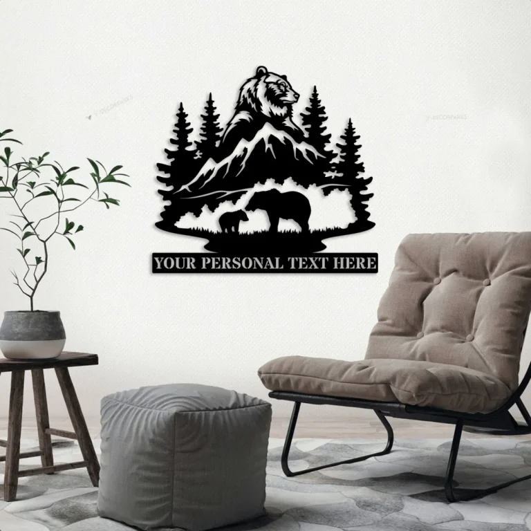 Personalized Nature Wildlife Mountain Bear Family Metal Sign, Custom Bear Led Lights Wall Art, Bears Steel Sign Monogram, Bears Wall Decor Metal Sign