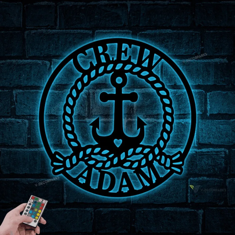 Personalized Nautical Anchor Metal Wall With Lights, Anchor Metal Wall Art, Custom Crew Name Sign, Anchor Metal Wall Decor, Beach Decor