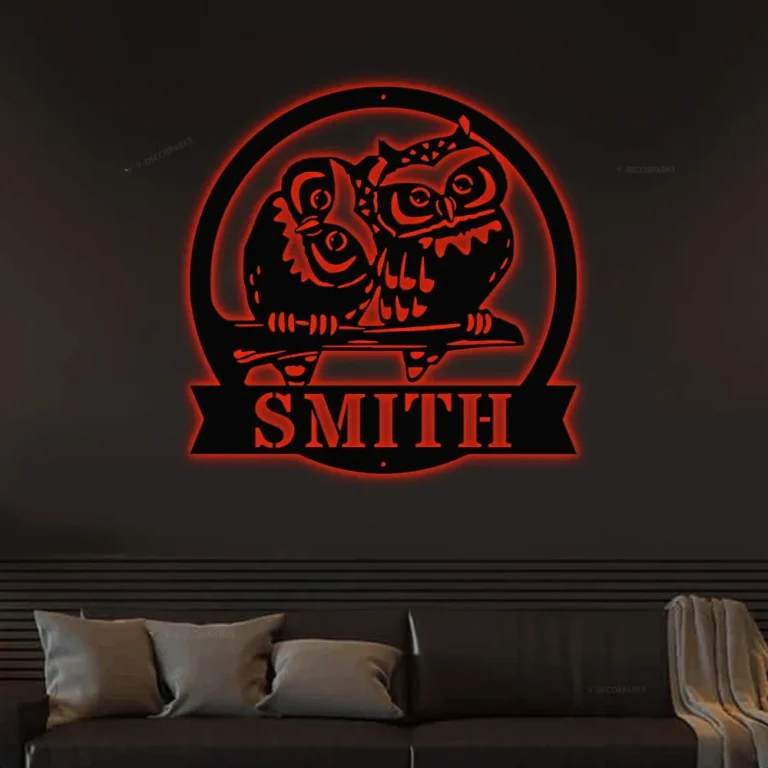 Personalized Owl Metal Sign With Led Lights, Owl Monogram Wall Art, Nursery Decor, Owl Metal Wall Hanging, Owl Gift, Owl Decor