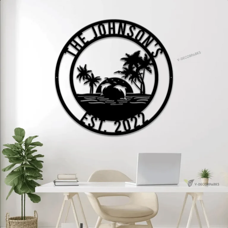 Personalized Palm Trees Beach Dolphins Sunset Metal Sign Led Lights, Tropical Island, Sunset Birds Decor, Poolside Paradise, Metal Wall Art