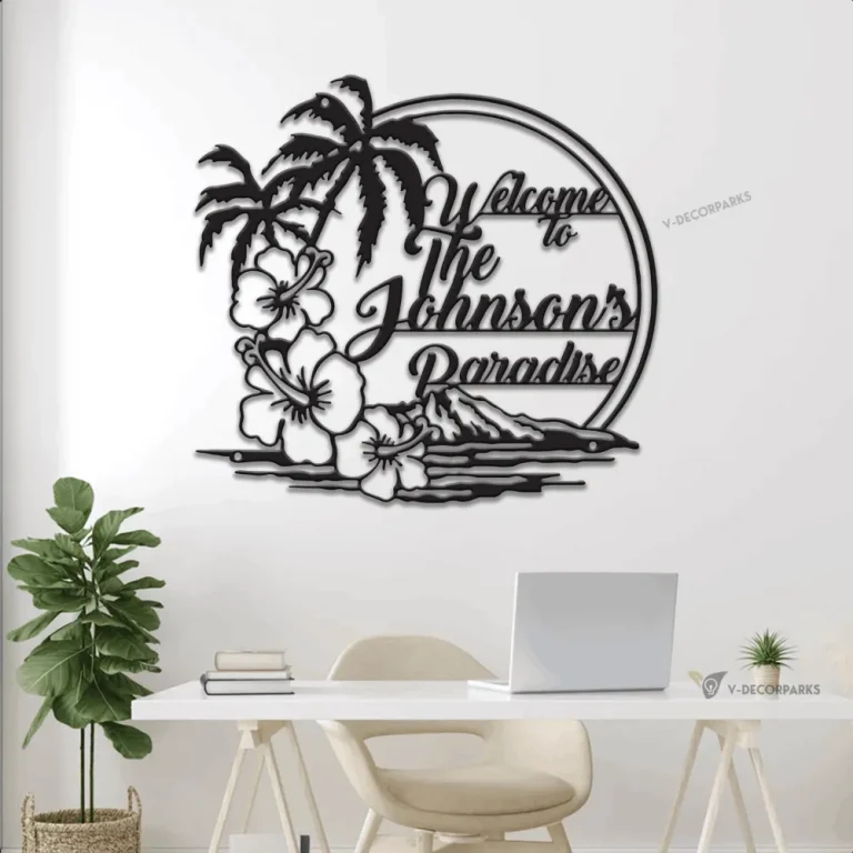 Personalized Palm Trees Beach Island Flower Metal Sign Led Lights, Hawaiian Flower Scene, Tropical Island, Poolside Paradise, Metal Wall Art