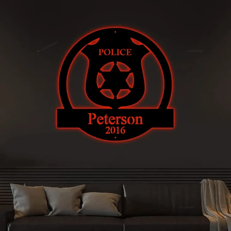 Personalized Police Sign For Home With Led Lights, Metal Wall Art, Police Officer Gifts For Men, Metal Sign Police Badge, Fathers Day Gift