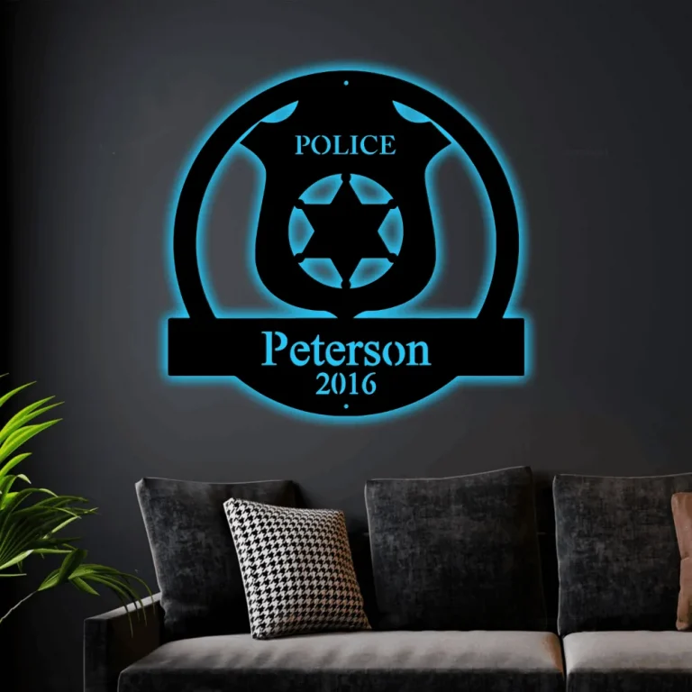 Personalized Police Sign For Home With Led Lights, Metal Wall Art, Police Officer Gifts For Men, Metal Sign Police Badge, Fathers Day Gift