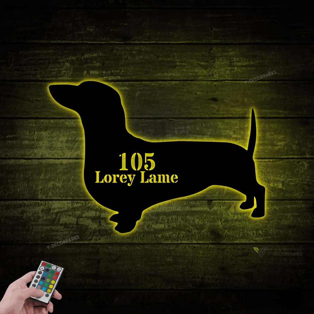Personalized Porch Metal Sign With Solar Led Lights, Dachshund, Outdoor Decor, Address Sign, Dachshund Lover, Dachshund Address Sign