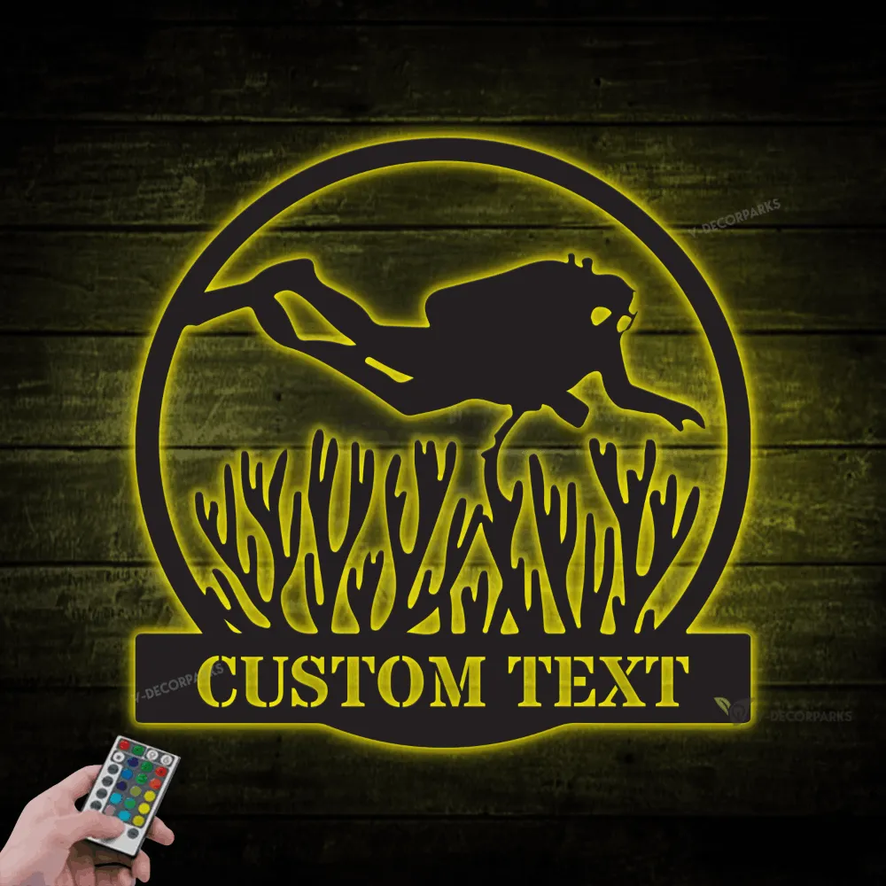 Personalized Scuba Diver Metal Wall With Led Lights, Custom Scuba Diving Metal Sign, Beach Wall Art, Cabin Decor, Custom Family Name, Diving Area Sign