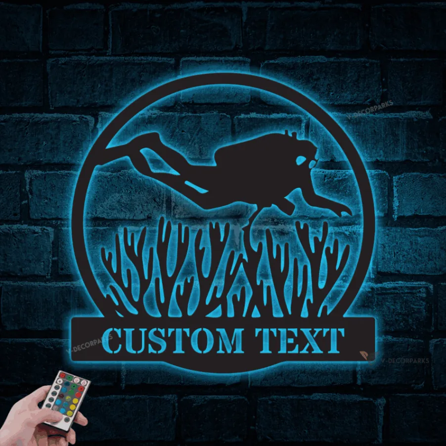 Personalized Scuba Diver Metal Wall With Led Lights, Custom Scuba Diving Metal Sign, Beach Wall Art, Cabin Decor, Custom Family Name, Diving Area Sign